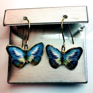 Authentic S925 Sterling Silver Gold Plated Enamel Butterfly Dangle Earrings